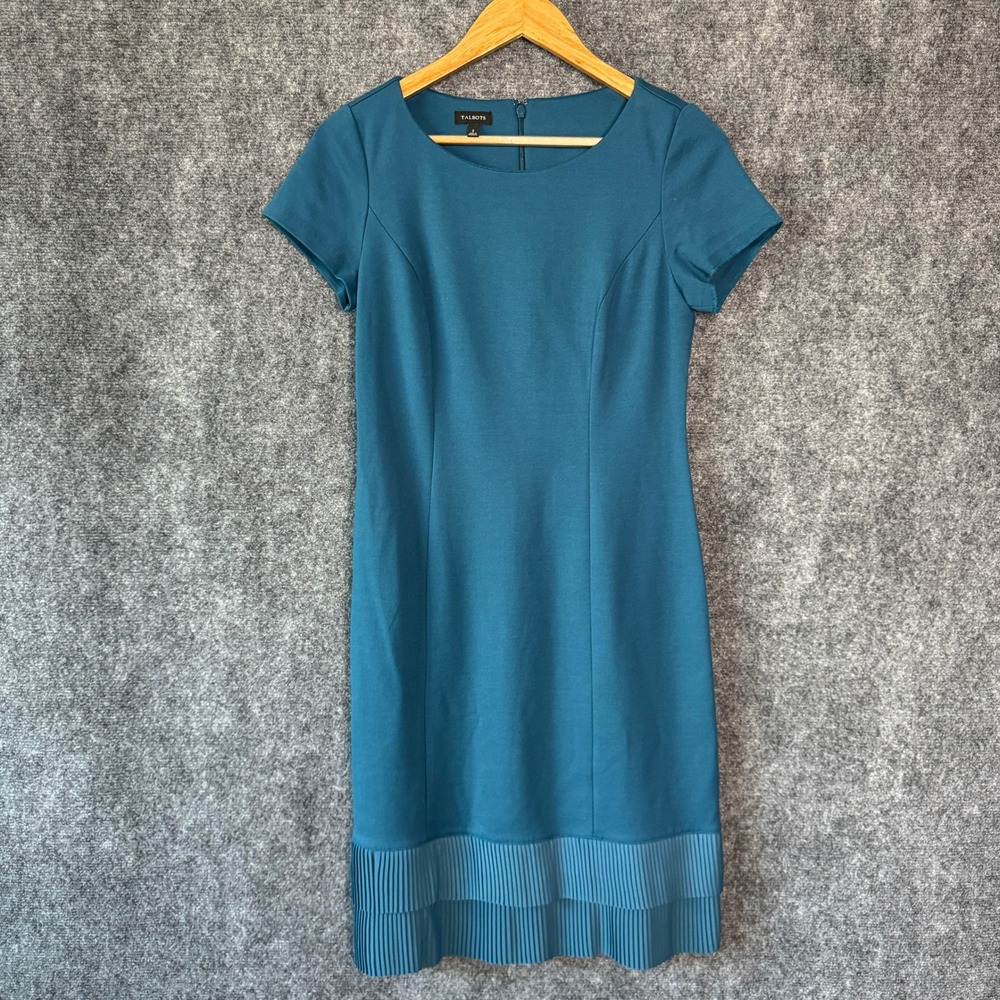 Talbots Dress Womens Size 2 Blue Teal Pleated Hem‎ Career Office Short Sleeve